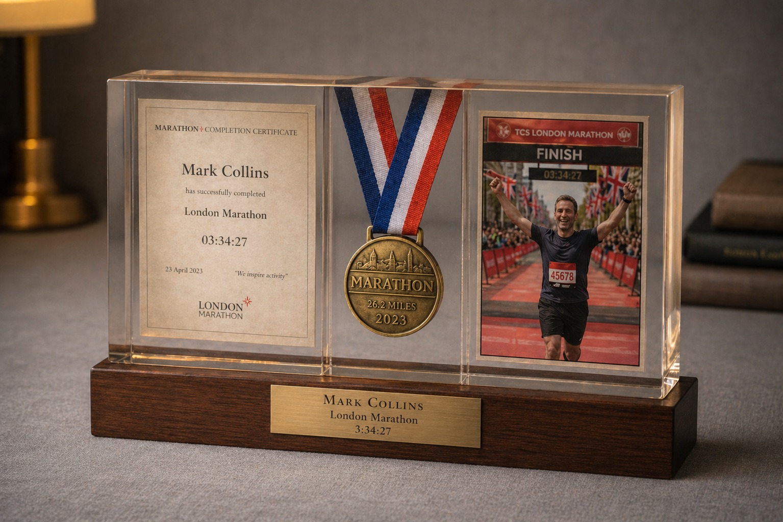 Marathon medal and completion certificate set in clear resin block on a walnut base with brass nameplate